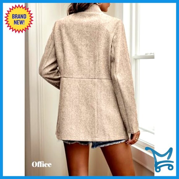 Herringbone Tweed Blazer Slim Fit Long Lined Open Front Work Office Coat - Picture 4 of 7